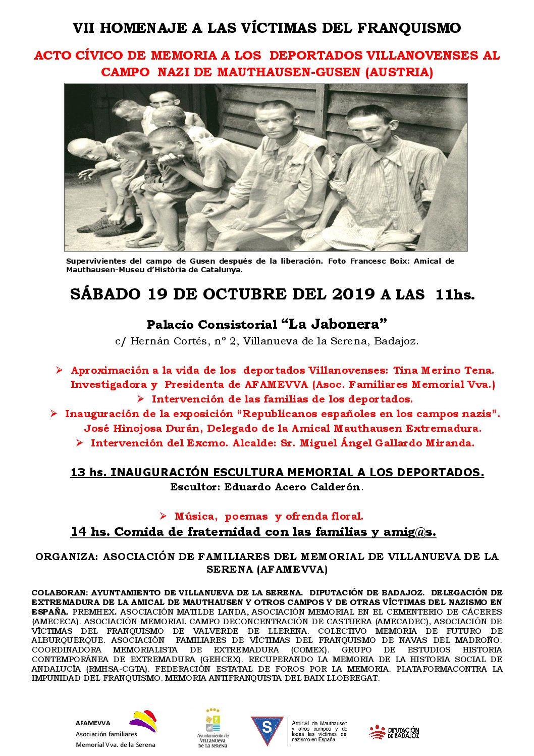 AFAMEVVA organiza un acto de Homenaje e Inauguración de Escultura a los deportados villanovenses al campo nazi de Mauthausen el sábado 19 de octubre en Villanueva de la Serena