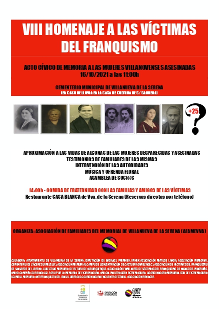 AFAMEVVA organiza el VII Acto de Homenaje a las Mujeres Desaparecidas y Asesinadas por el Franquismo el sábado 16 de octubre en Villanueva de la Serena
